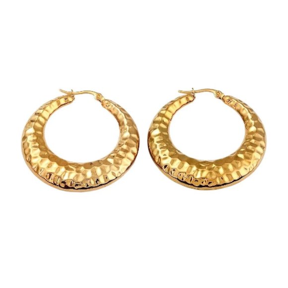 24K Gold Plated Hammered Hoop Pierced Post Earrings 43mm Oval Graduated Textured - Picture 6 of 15